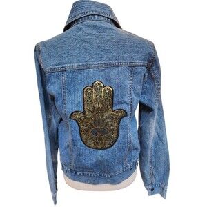 Hamsa Gold Patch Denim Jacket Size Small Marianne Protection Hand Of Fatima